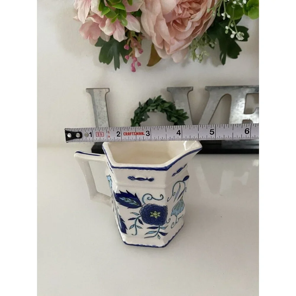 Vintage Ironstone Mann Import Blue Heirloom Hand Painted Floral Creamer 4